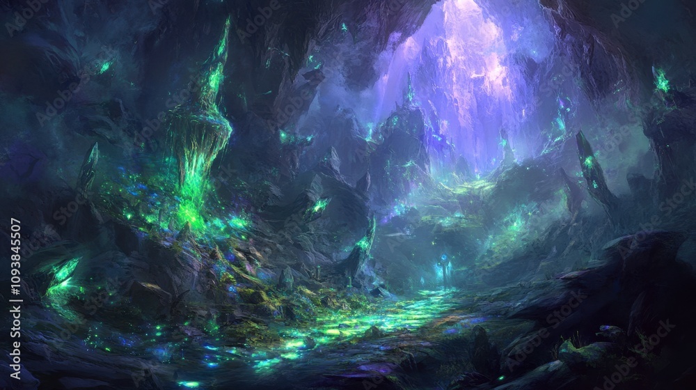 Enchanted Cave Landscape with Glowing Crystals Enchanted Cave Landscape with Glowing Crystals