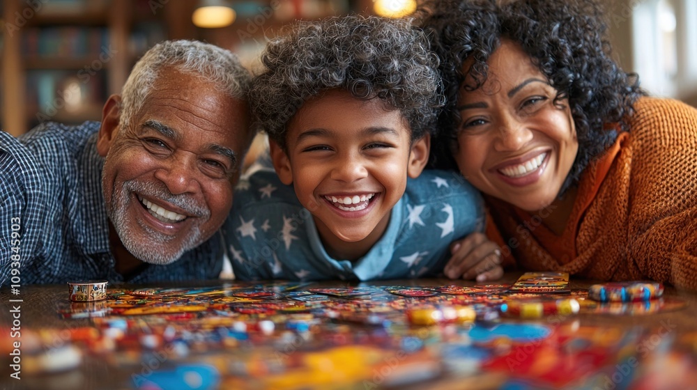 Fototapeta premium Fun Intergenerational Family Game Board Games, Laughter, and Snacks