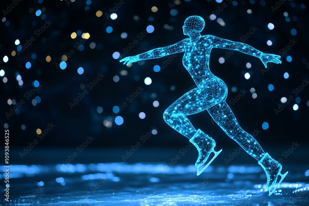 Naklejka premium An ethereal scene of a neon wireframe ice skater skilfully moving across a frozen pond with twinkling lights twinkling in the backdrop, set against a black background.