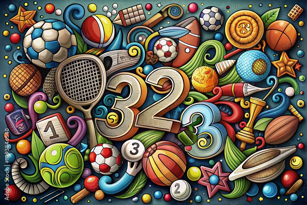 Naklejka premium Colorful Cartoon Numbers Set with Sports Objects for Fun Learning and Educational Activities in an Engaging Coloring Book Design