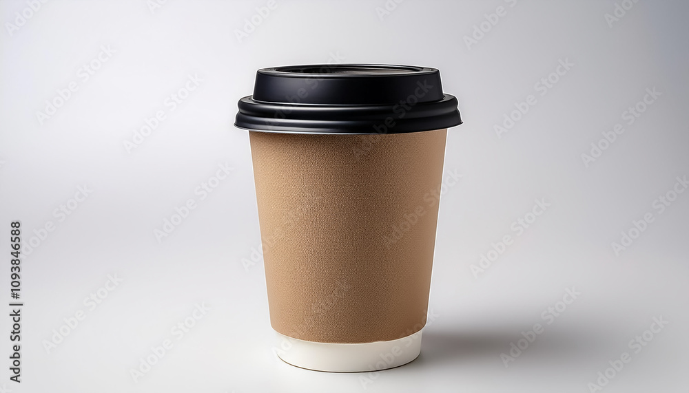 Paper coffee cup with black lid, placed in the center of the frame with a white background Paper coffee cup with black lid, placed in the center of the frame with a white background