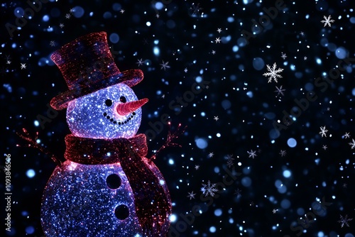 A vibrant neon snowman outline with a top hat and scarf under cascading snowflakes on a dark background. photo