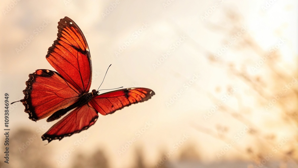Obraz premium A beautiful red butterfly in flight against a soft and warm white backdrop showcasing its vibrant colors, warm tones, red flying buttefly, floral garden, outdoor images, butterfly on wing