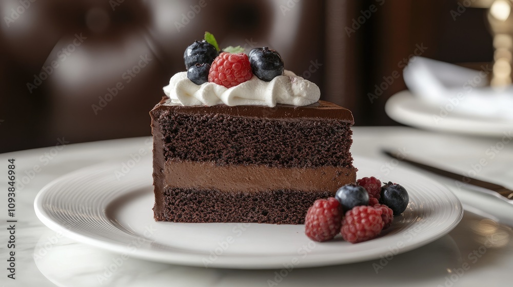 Delicious Chocolate Cake Slice Topped with Whipped Cream and Fresh Berries Served on Elegant Plate Against a Stylish Restaurant Background
