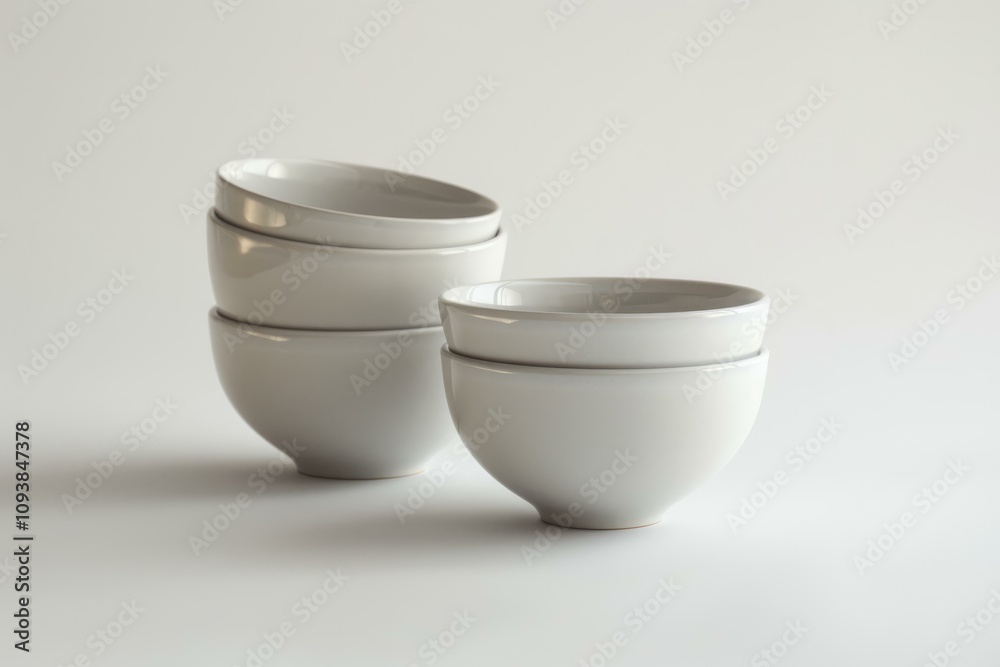 Four empty white ceramic bowls, two stacked on top of each other, creating a simple and elegant composition Four empty white ceramic bowls, two stacked on top of each other, creating a simple and elegant composition