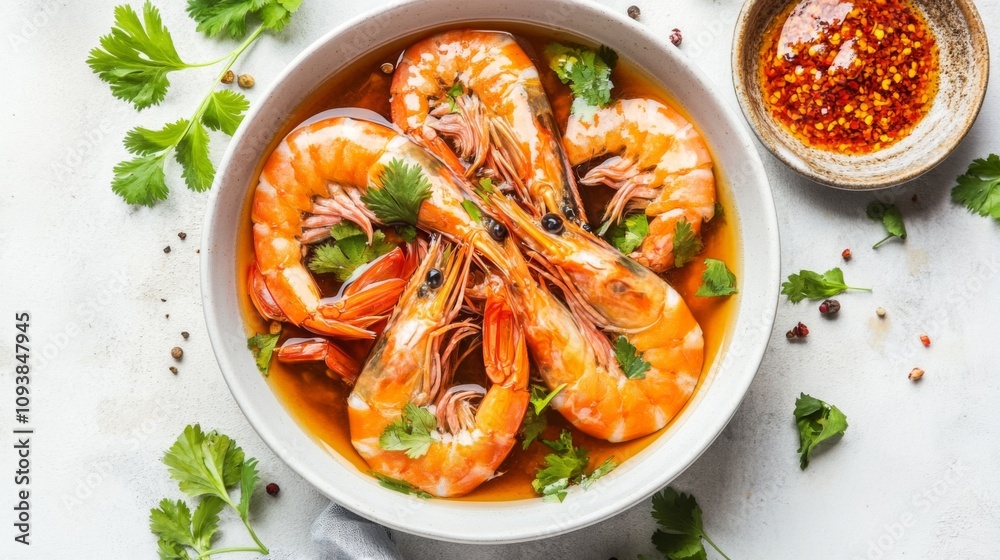 A Delicious Bowl of Shrimp in Spicy Broth Garnished with Fresh Herbs, Spices, and a Side of Chili Sauce for a Flavorful Culinary Experience A Delicious Bowl of Shrimp in Spicy Broth Garnished with Fresh Herbs, Spices, and a Side of Chili Sauce for a Flavorful Culinary Experience