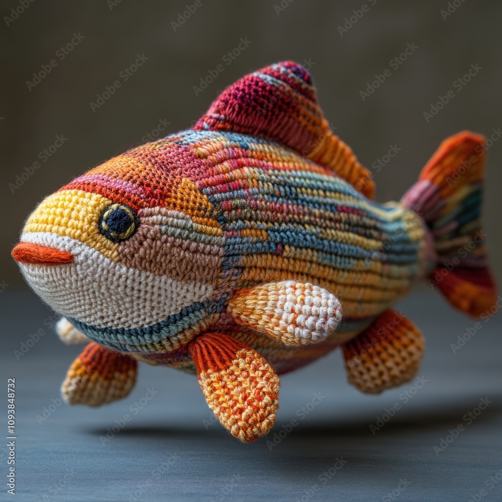 A colorful crocheted fish toy, showcasing intricate patterns and textures. A colorful crocheted fish toy, showcasing intricate patterns and textures.