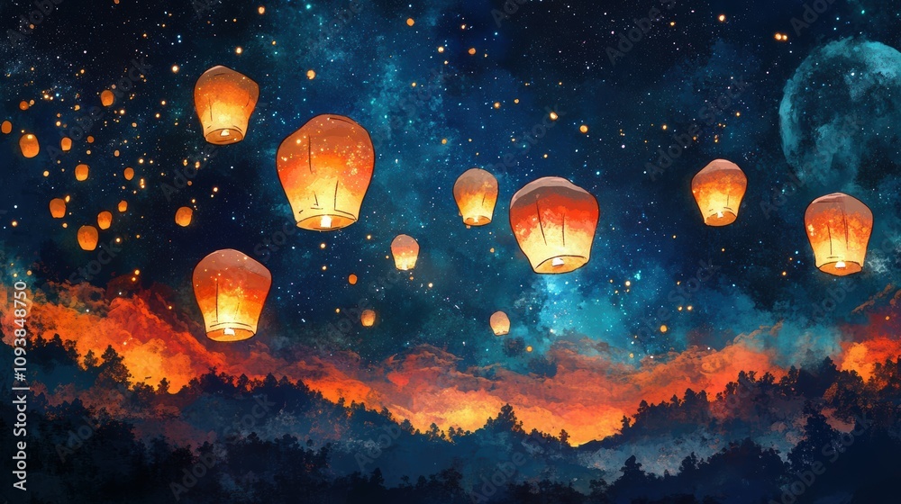 Naklejka premium Floating glowing lanterns illuminate the starry night sky outdoor celebration event photography magical atmosphere aerial perspective dreamlike experience