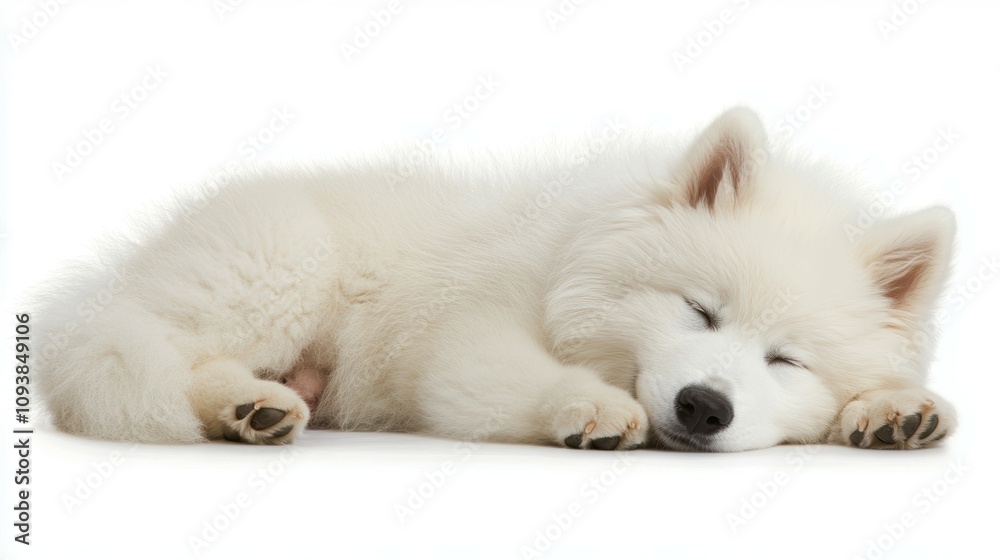 Obraz premium Charming samoyed dog with fluffy white fur on white background portrait photography pet lifestyle indoor setting close-up view for dog lovers