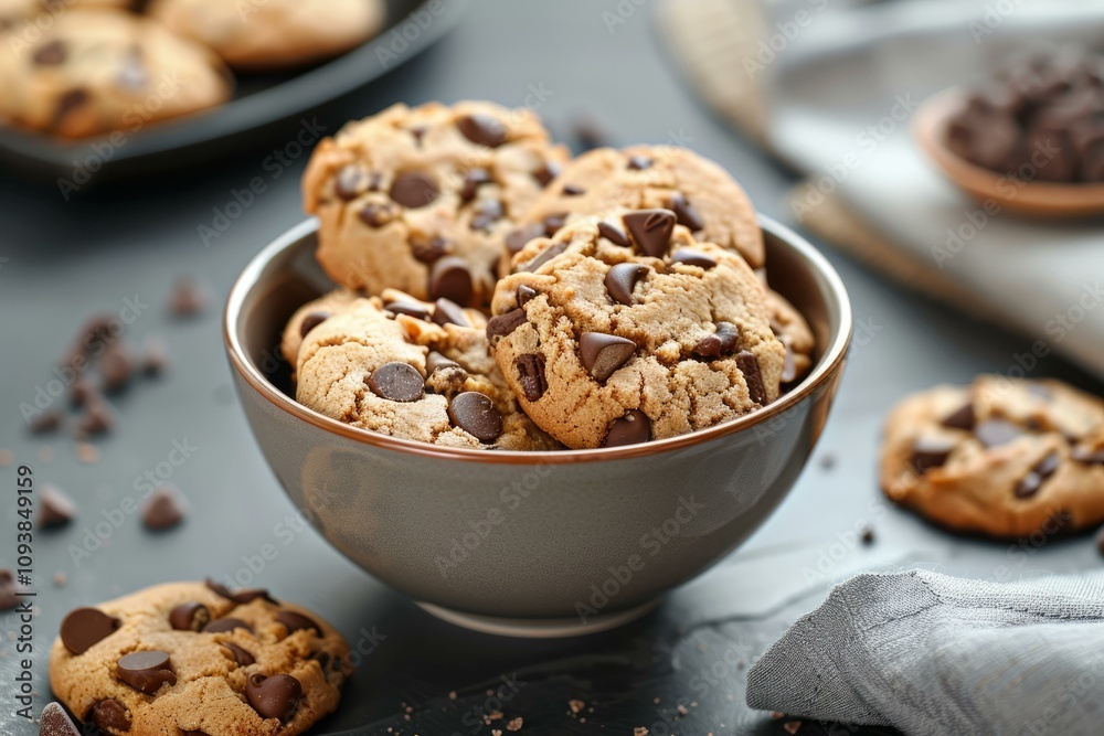 Freshly baked chocolate chip cookies overflowing a bowl, creating a tempting and comforting scene Freshly baked chocolate chip cookies overflowing a bowl, creating a tempting and comforting scene