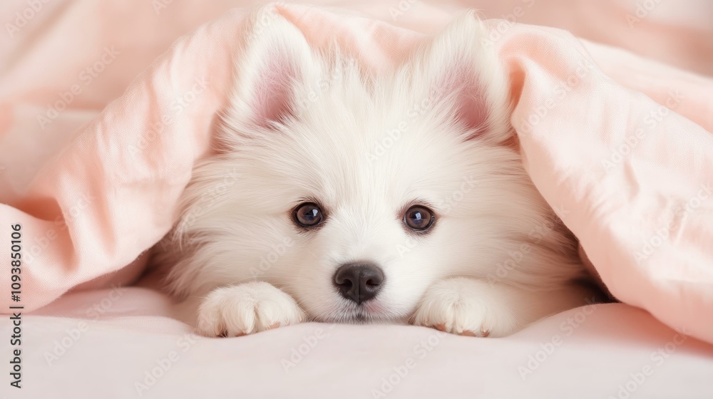 A charming white puppy with soft eyes peeks out from cozy sheets, radiating warmth and innocenceperfect for pet enthusiasts. A charming white puppy with soft eyes peeks out from cozy sheets, radiating warmth and innocenceperfect for pet enthusiasts.