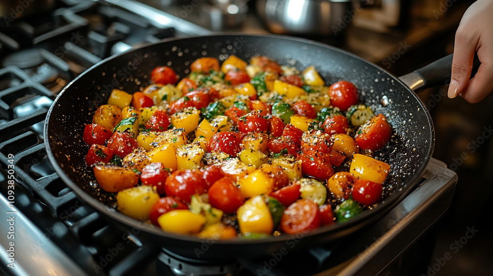 close-up of hands skillfully cooking a colorful vegetable medley, emphasizing the vibrant ingredients and the art of healthy cooking in a modern kitchen setting close-up of hands skillfully cooking a colorful vegetable medley, emphasizing the vibrant ingredients and the art of healthy cooking in a modern kitchen setting