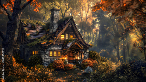 Rustic Cottage at Sunset: A Serene Tale of Woodland Tranquility