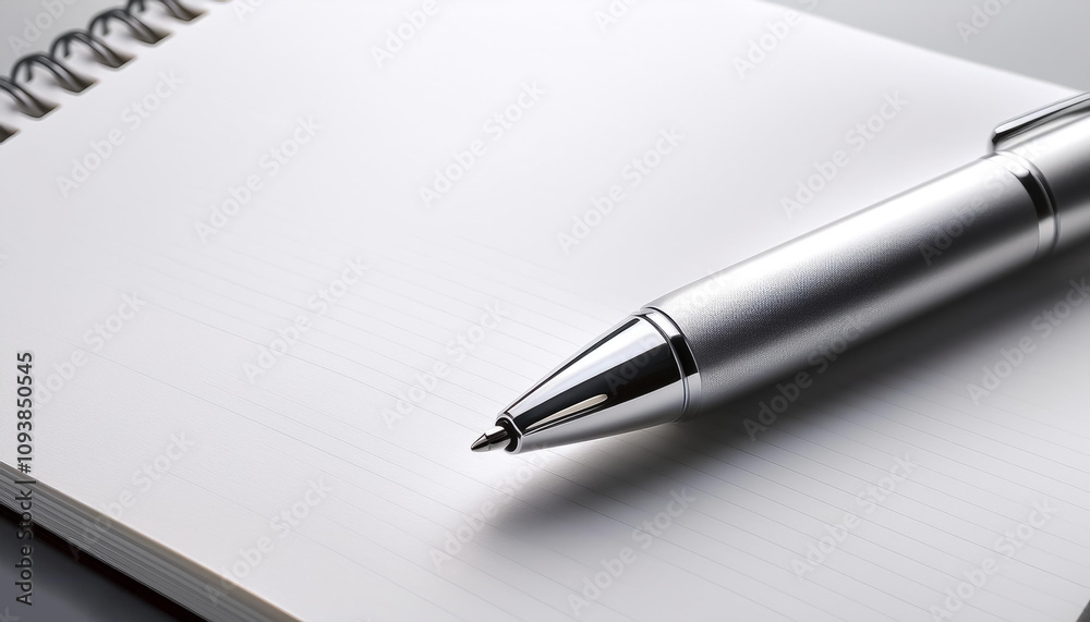 Modern metal pen placed on a blank notebook with a clean white background Modern metal pen placed on a blank notebook with a clean white background