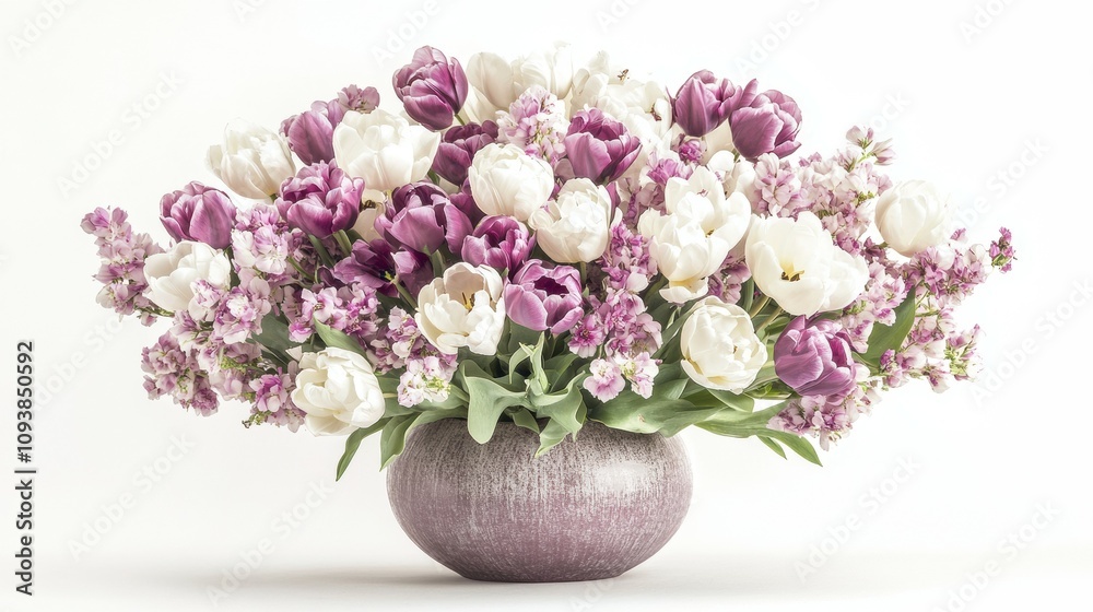 Arranging a bouquet of fresh tulips in a stylish vase on a white background for a vibrant home decor Arranging a bouquet of fresh tulips in a stylish vase on a white background for a vibrant home decor