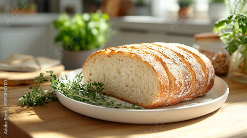 rustic display of freshly baked bread slices arranged on a white surface highlighting the natural texture and golden crust evoking feelings of warmth nourishment home-cooked meals and traditional baki photo