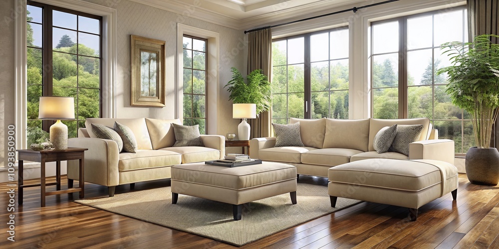 Contemporary Cream Loveseat with Matching Ottomans in a Sophisticated Living Space on Polished Hardwood Floors, Emphasizing Elegant Architectural Design Contemporary Cream Loveseat with Matching Ottomans in a Sophisticated Living Space on Polished Hardwood Floors, Emphasizing Elegant Architectural Design