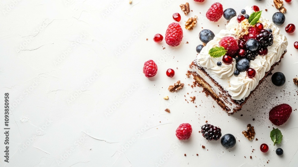 Delicious homemade cake topped with fresh berries and mint leaves. Perfect dessert for celebrations and special occasions displayed on a white background.