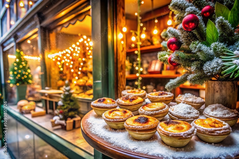 Cozy Cafe Window Display in Lisbon, Portugal Showcasing Traditional Egg Tart Pastry During Winter Holiday Season for a Festive Atmosphere and Culinary Delight Cozy Cafe Window Display in Lisbon, Portugal Showcasing Traditional Egg Tart Pastry During Winter Holiday Season for a Festive Atmosphere and Culinary Delight