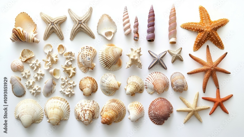 Aesthetic arrangement of seashells and starfish on white background for coastal decor inspiration Aesthetic arrangement of seashells and starfish on white background for coastal decor inspiration