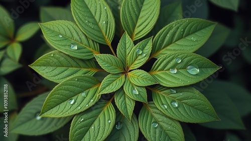 A cluster of green leaves with tiny water drops on their surfaces arranged in a circular pattern, botanical photography, greenery photo