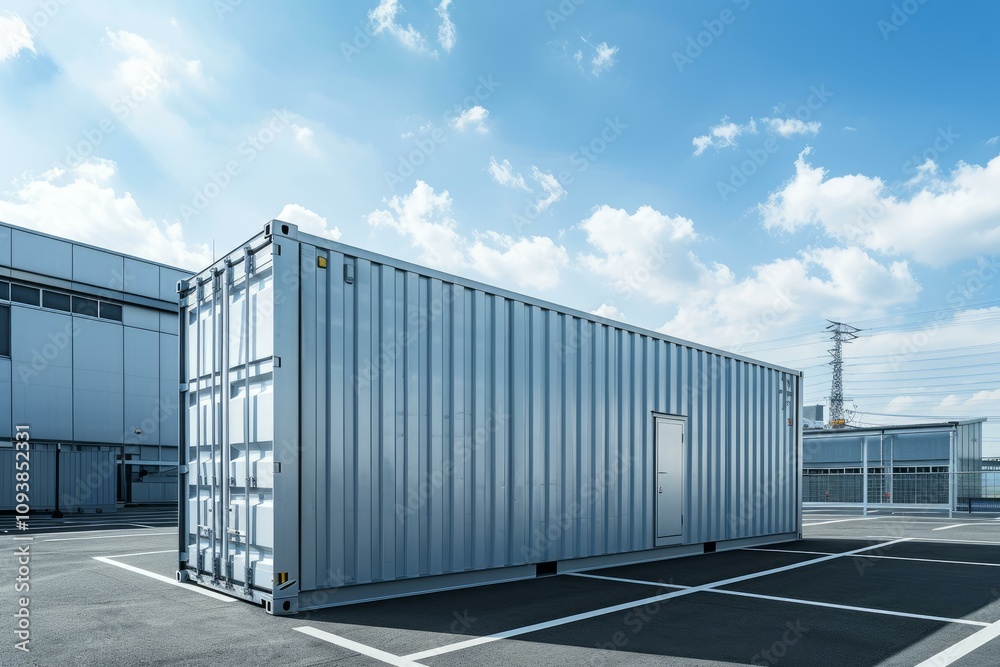 Large metal shipping container resting in an industrial parking lot, symbolizing global trade and logistics Large metal shipping container resting in an industrial parking lot, symbolizing global trade and logistics