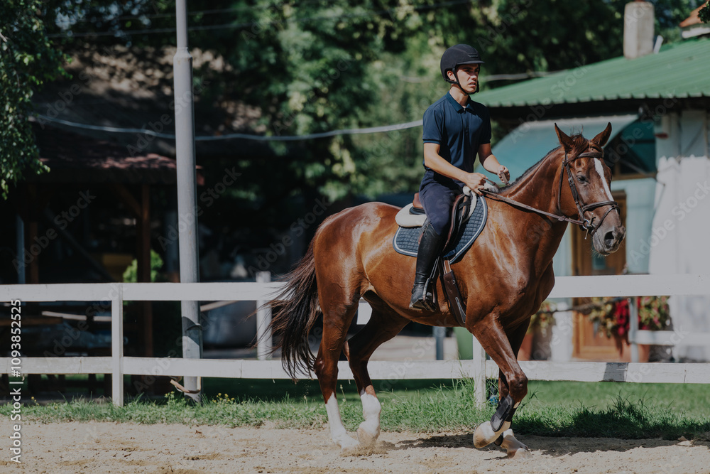 A man is practicing horseback riding at an outdoor equestrian arena. The rider is focused, wearing appropriate safety gear while the horse moves gracefully in a fenced training area. A man is practicing horseback riding at an outdoor equestrian arena. The rider is focused, wearing appropriate safety gear while the horse moves gracefully in a fenced training area.