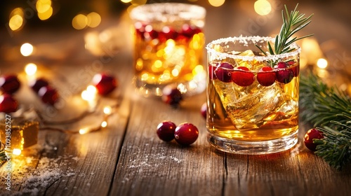 Festive Holiday Cocktail with Ice, Cranberries, and Rosemary Garnish on Rustic Wooden Table Surrounded by Warm Sparkling Lights and Winter Decor