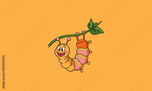 Happy caterpillar hanging on a leaf branch