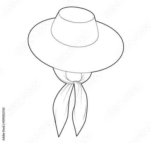 Packable sunhat Self-Tie Hat with scarf. Summer Head Fashion accessory cap with floppy wide brim clothing technical illustration. Vector headgear flat template CAD mockup sketch outline isolated photo