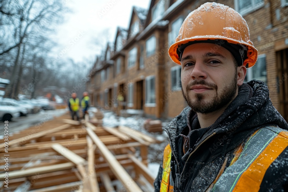 Confident carpenter in winter gear working at snowy construction site with wooden beams and houses in background Confident carpenter in winter gear working at snowy construction site with wooden beams and houses in background