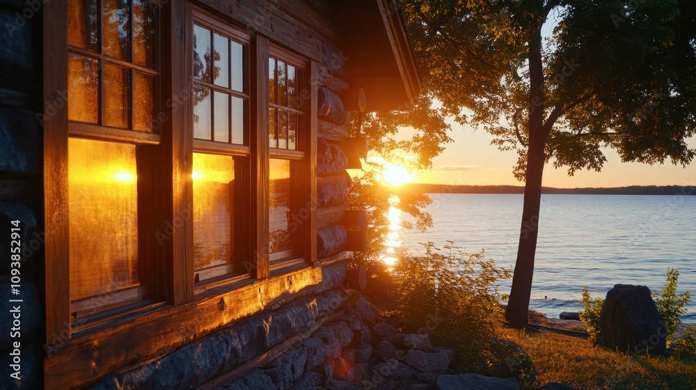 Fototapeta premium Sunset View from Cabin by the Lake