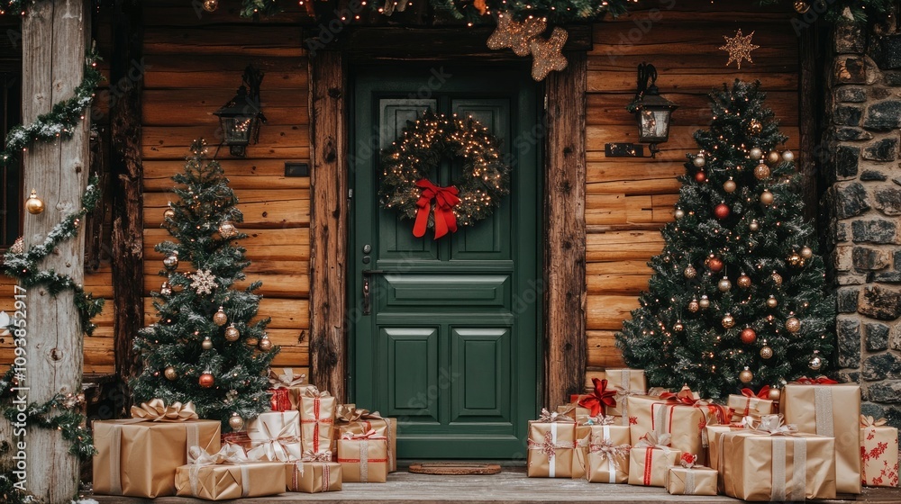 Cozy Christmas Entrance with Festive Decorations, Green Door, Wreath, Evergreen Trees, and Wrapped Gifts Surrounded by Rustic Wooden Cabin Aesthetic Cozy Christmas Entrance with Festive Decorations, Green Door, Wreath, Evergreen Trees, and Wrapped Gifts Surrounded by Rustic Wooden Cabin Aesthetic