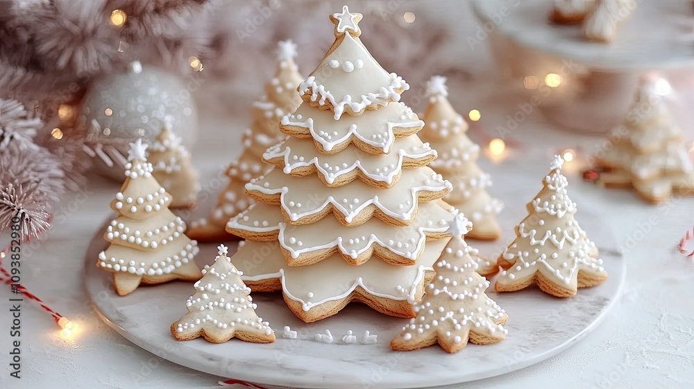 Beautifully Decorated Christmas Tree Cookies on a Marble Plate Surrounded by Festive Decorations and Warm Holiday Lights for a Cozy Atmosphere Beautifully Decorated Christmas Tree Cookies on a Marble Plate Surrounded by Festive Decorations and Warm Holiday Lights for a Cozy Atmosphere