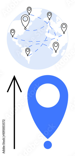 Earth decorated with location pins connected by dotted lines, with an enlarged blue navigation pin below pointing upwards. Ideal for travel, logistics, global networks, geography, navigation