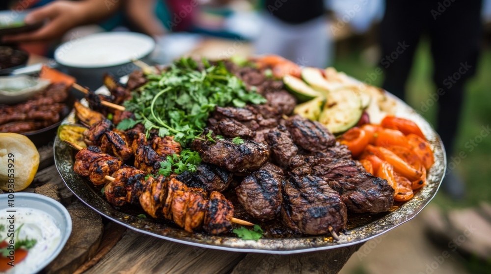 Colorful Platter of Grilled Meat Skewers, Juicy Steak, Fresh Herbs, and Grilled Vegetables Served Outdoors in a Rustic Setting for a Summer Feast Colorful Platter of Grilled Meat Skewers, Juicy Steak, Fresh Herbs, and Grilled Vegetables Served Outdoors in a Rustic Setting for a Summer Feast