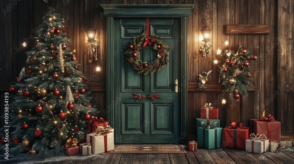Festive Christmas Scene with a Beautifully Decorated Door, Christmas Tree, Wreaths, Lights, and Gifts Creating a Warm Holiday Atmosphere Festive Christmas Scene with a Beautifully Decorated Door, Christmas Tree, Wreaths, Lights, and Gifts Creating a Warm Holiday Atmosphere