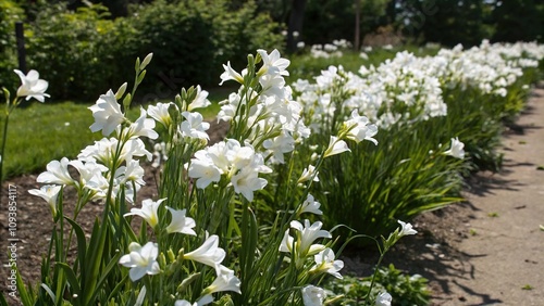 A garden bed filled with clusters of white freesia flowers swaying gently in the breeze on a sunny day, garden flowers, meadow scenes, , wildflowers, white freesias photo