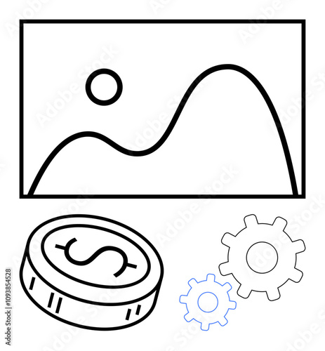 Line chart indicating performance, dollar coin representing financial investment, and gears illustrating process. Ideal for business strategy, financial planning, investment analysis, economic photo