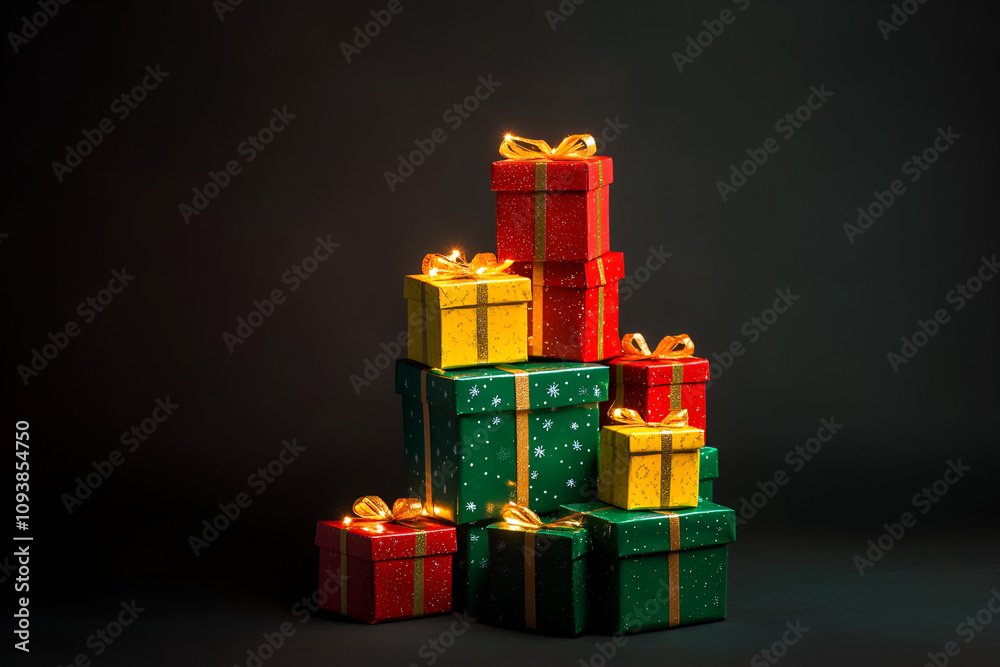 Obraz premium Festive gift stacks holiday season product photography dark background close-up celebration concept for seo impact