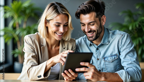 A group of professionals engaged in a collaborative meeting, using a tablet. The image captures teamwork, technology, and a positive office environment.