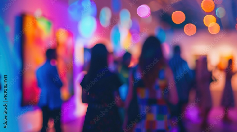 Blurry swirls of vibrant colors dance around the room highlighting the various auction items up for bidding. Blurry swirls of vibrant colors dance around the room highlighting the various auction items up for bidding.