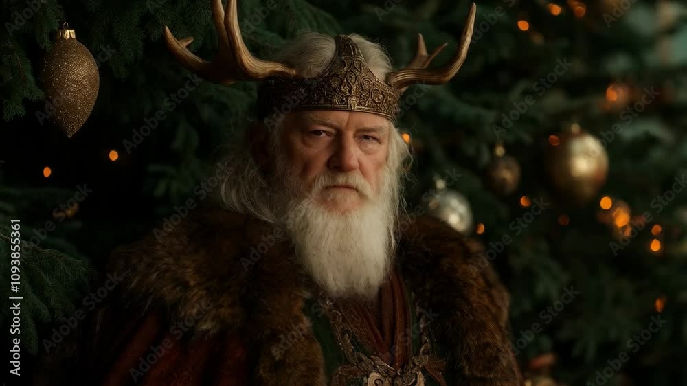 Old viking warrior wearing antler crown against  against blurred decorated Christmas tree. Historical Nordic culture. Halloween, Yule, pagan New Year. Brutal bearded man in costume on masquerade party
