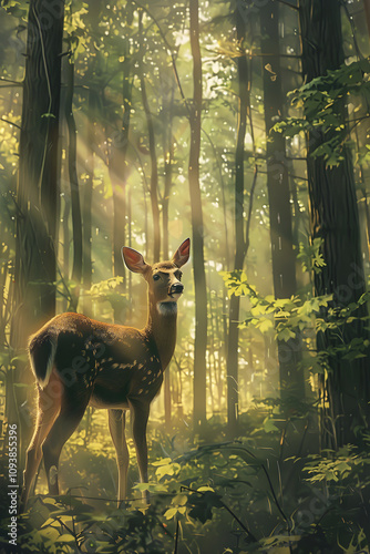 Reversed Tranquility: Morning Light Deer in Forest Back View