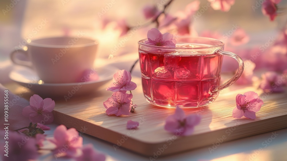 Delicate Pink Drink Surrounded by Cherry Blossom Petals on a Wooden Tray Amidst Soft Light for a Serene and Elegant Spring Aesthetic Delicate Pink Drink Surrounded by Cherry Blossom Petals on a Wooden Tray Amidst Soft Light for a Serene and Elegant Spring Aesthetic