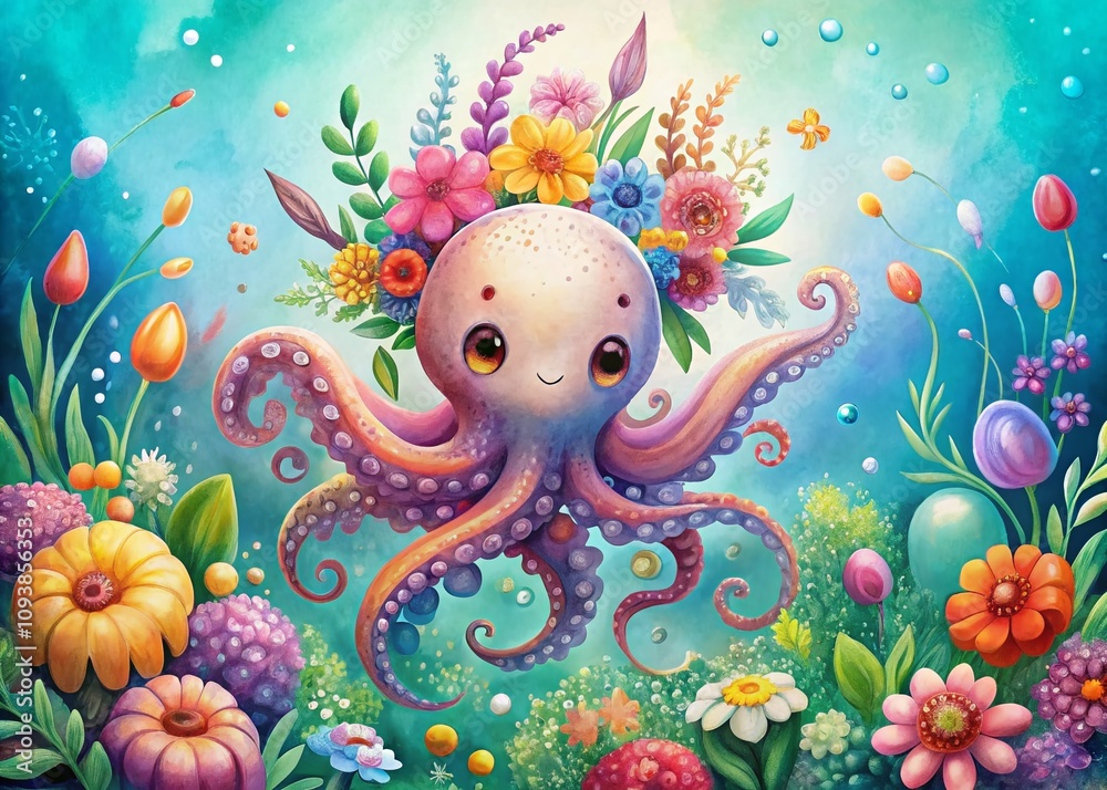 Cute Octopus Surrounded by Delicate Flowers in a White Watercolor Style, Perfect for Underwater Themes and Nature Illustrations, Ideal for Children's Books and Decor Cute Octopus Surrounded by Delicate Flowers in a White Watercolor Style, Perfect for Underwater Themes and Nature Illustrations, Ideal for Children's Books and Decor