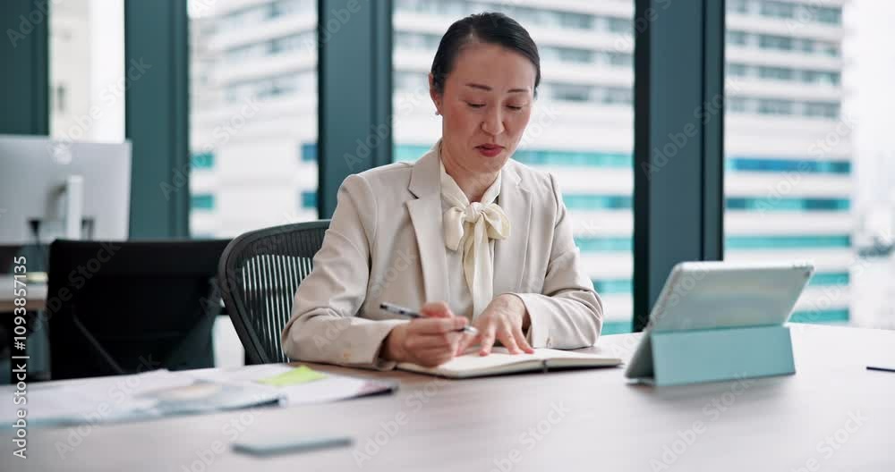 Webinar, writing and business woman in Japanese office for video call, virtual conference and online meeting. Tablet, planning and networking with employee in agency for communication and contact Webinar, writing and business woman in Japanese office for video call, virtual conference and online meeting. Tablet, planning and networking with employee in agency for communication and contact