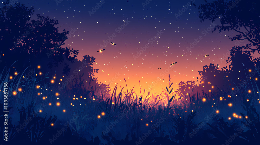 A tranquil night in a meadow, with fireflies illuminating the scene. the background is smooth. Glittering Firefly Meadow. Illustration A tranquil night in a meadow, with fireflies illuminating the scene. the background is smooth. Glittering Firefly Meadow. Illustration