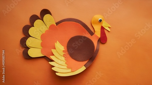 A turkey made of orange, brown, and yellow felt resting flat on an orange background with text space photo