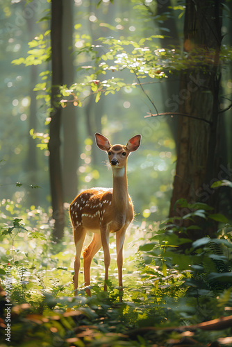 Reversed Tranquility: Morning Light Deer in Forest Back View